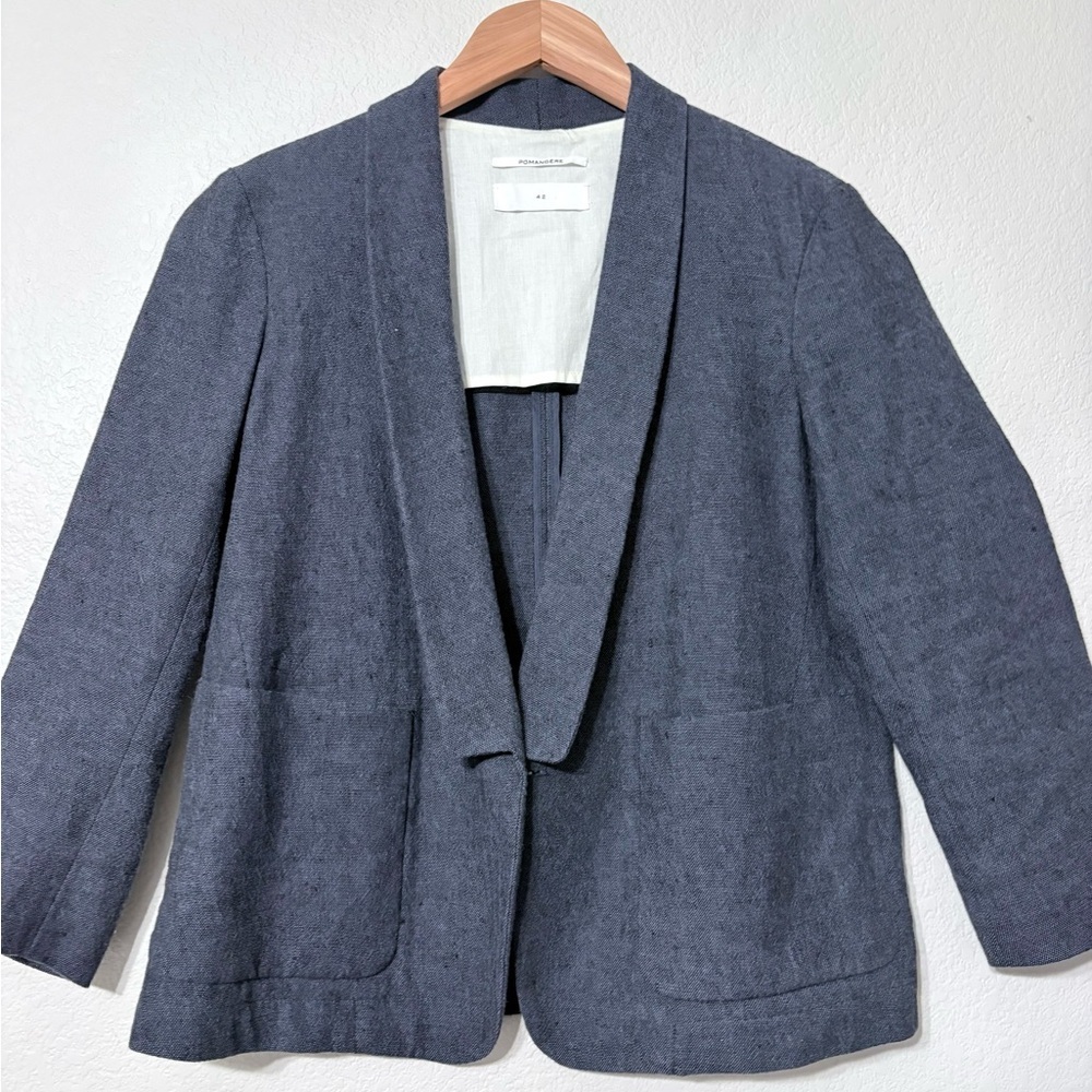 Pomandere Linen Blend Boxy Womans Blazer Single Button Patch Pockets 3/4 Sleeves - Picture 1 of 16